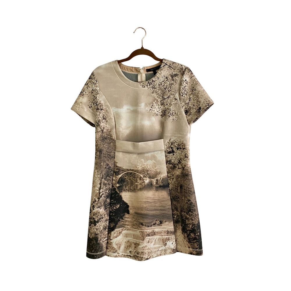 BCBGMAXAZRIA Brinley Sepia Landscape Print Dress‎ Size 10 Stone Bridge Waterfall